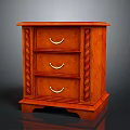 Wooden Bedside Table with Three Drawers Metal Handles and Side Carvings on Short Legs