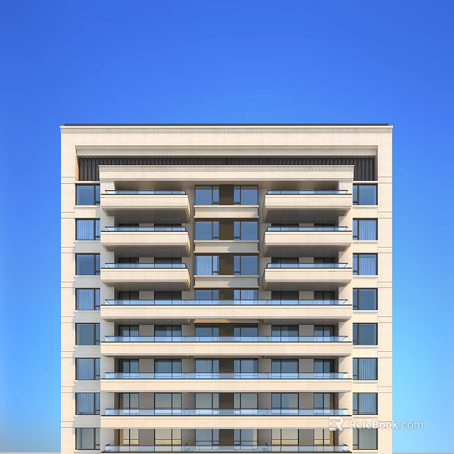 Modern Residential Building With Multiple Balconies Neatly Arranged Windows Light Colored Facade Against Blue Sky 3d model 