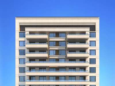 Modern Residential Building With Multiple Balconies Neatly Arranged Windows Light Colored Facade Against Blue Sky 3d model
