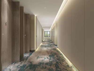 Modern Hotel Corridor With Blue Green Patterned Carpet And Strip Lighting Walls 3d model