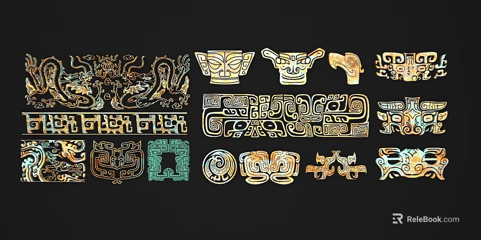 Artistic Carvings With Various Patterns Including Golden And Green Decorative Designs 3d model 