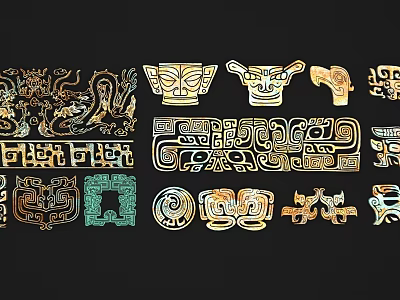 Artistic Carvings With Various Patterns Including Golden And Green Decorative Designs 3d model