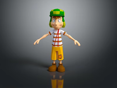 3D Animated Character Creature Wearing Green Helmet Striped Shirt Yellow Shorts And Brown Shoes 3d model