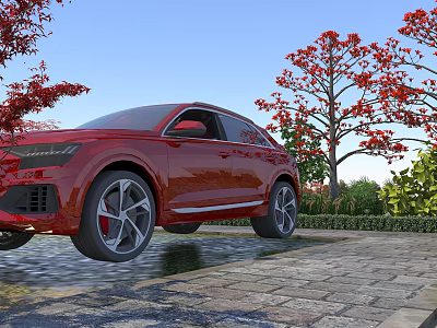 Scenic Landscape With Red Trees Green Plants Blue Sky And Paved Ground 3d model