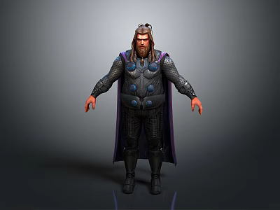 Man With Long Hair Wearing Black Armor And Purple Cape Standing Against Gray Background 3d model