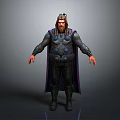 Man With Long Hair Wearing Black Armor And Purple Cape Standing Against Gray Background