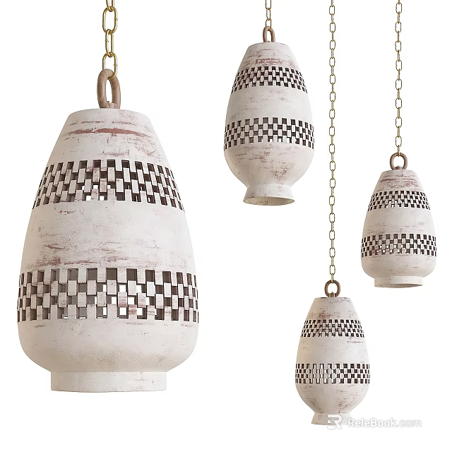 Distressed White Lantern Shaped Chandeliers With Hollow Checkered Patterns And Chain 3d model 
