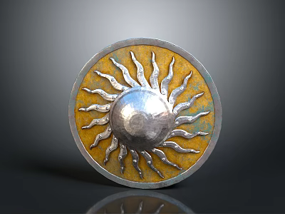 Ancient Round Shield Weapon with Sun Ray Design Yellow Background and Silver Center 3d model