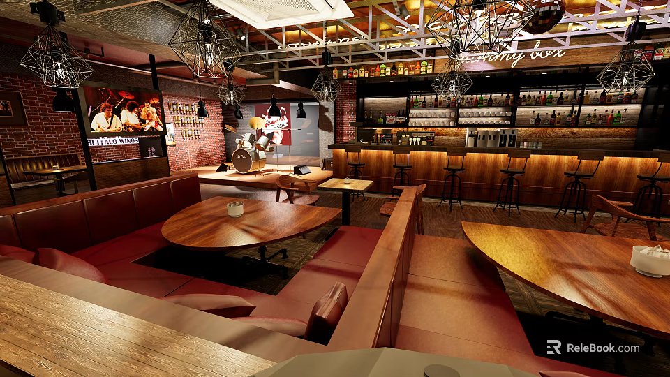 Modern Bar With Open Layout Red Leather Sofas Wooden Tables Wine Racks And Pendant Lights 3d model 