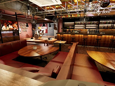 Modern Bar With Open Layout Red Leather Sofas Wooden Tables Wine Racks And Pendant Lights 3d model