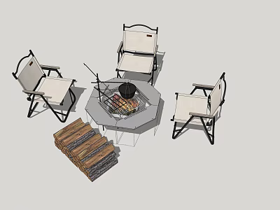 Outdoor Fire Pit Table and Folding Chairs Set with Stacked Firewood for Camping 3d model