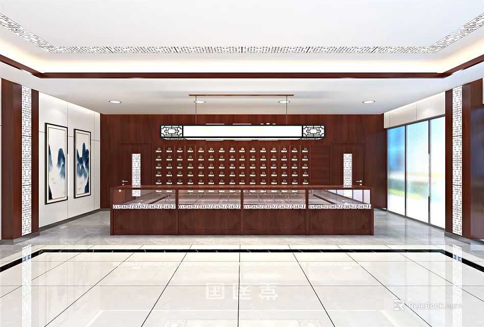 Spacious Specialty Store Interior With Wooden Display Cabinets Glass Counter And Decorative Paintings 3d model 