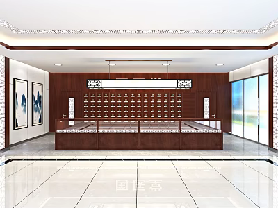 Spacious Specialty Store Interior With Wooden Display Cabinets Glass Counter And Decorative Paintings 3d model
