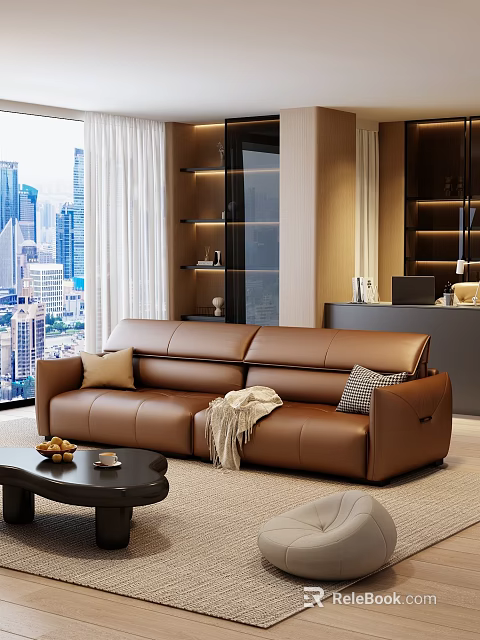 Leather Sofa and Coffee Table Set with Pillows Throw Blanket and City View Window 3d model 