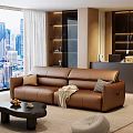 Leather Sofa and Coffee Table Set with Pillows Throw Blanket and City View Window