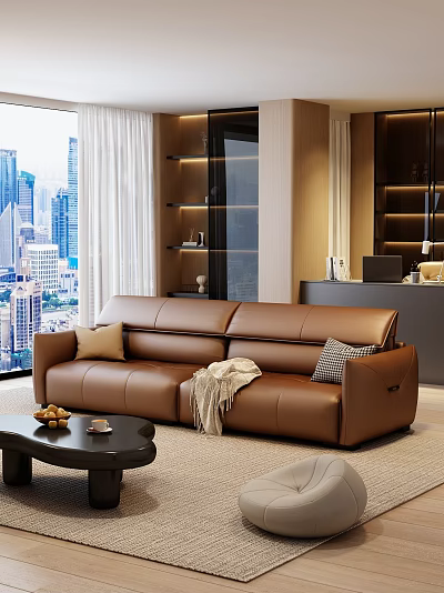 Leather Sofa and Coffee Table Set with Pillows Throw Blanket and City View Window 3d model