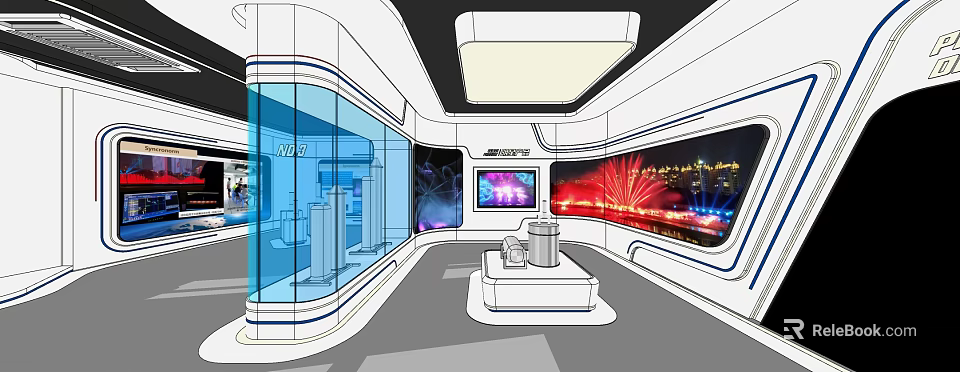 Modern Hi tech Interior Space With Glass Walls And Digital Screens Showing Night Fireworks 3d model 