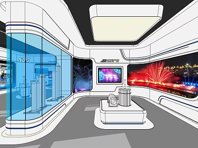Modern Hi tech Interior Space With Glass Walls And Digital Screens Showing Night Fireworks 3d model