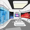 Modern Hi tech Interior Space With Glass Walls And Digital Screens Showing Night Fireworks
