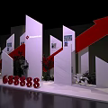 Event Venue Layout With Red Backdrop And Arranged White Seating Areas 3d model