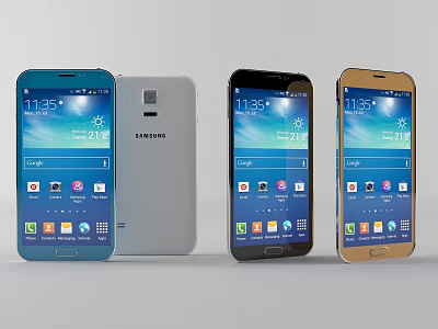 Samsung Smartphones In Different Colors With Display Screens Showing Time Weather And App Icons 3d model