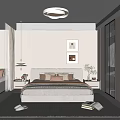 Modern Minimalist Bedroom Interior With Large Bed Pillows Wall Art Nightstands And Area Rug