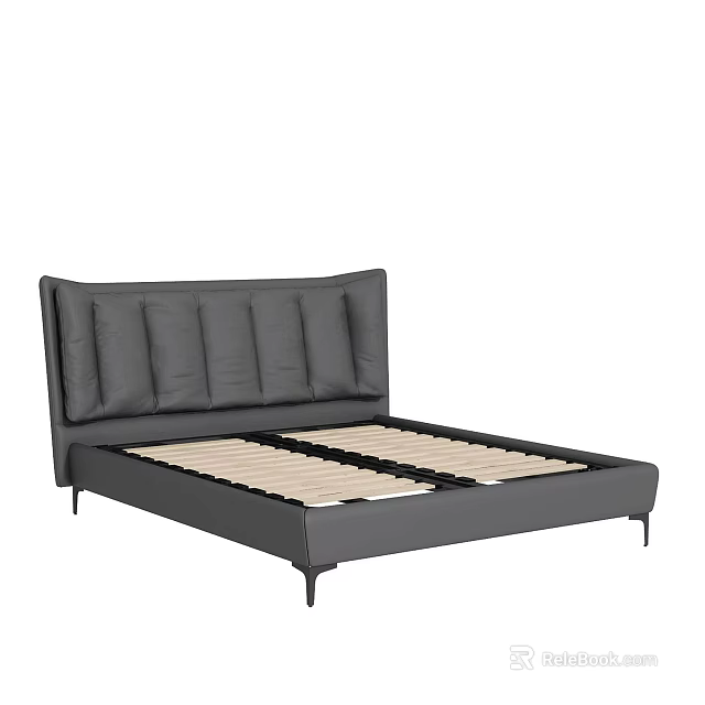 Gray Upholstered Double Bed Frame With Wooden Slats And Black Metal Legs 3d model 