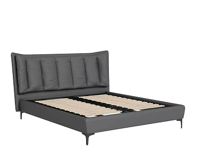 Gray Upholstered Double Bed Frame With Wooden Slats And Black Metal Legs 3d model