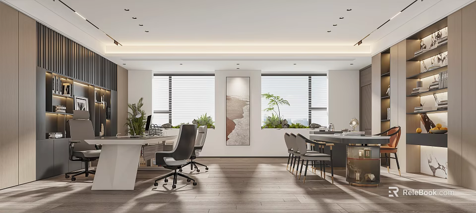 Spacious Modern Office Interior With Contemporary Desks Wooden Flooring Large Windows And Green Plants 3d model 