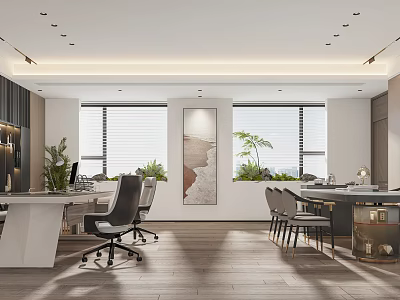 Spacious Modern Office Interior With Contemporary Desks Wooden Flooring Large Windows And Green Plants 3d model