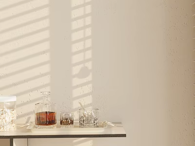 Beige Wall Decorative Ornament Set With Glass Containers And Blind Shadows On Table 3d model