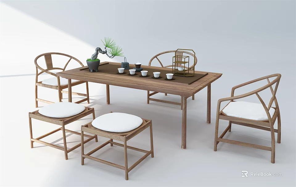 Chinese Style Wooden Tea Table and Chairs Interior Design With Tea Sets Green Plant 3d model 