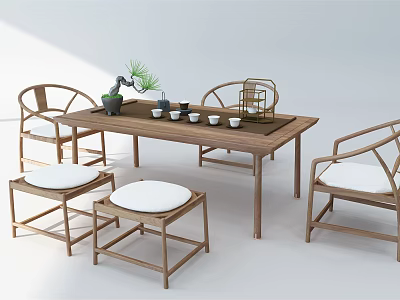 Chinese Style Wooden Tea Table and Chairs Interior Design With Tea Sets Green Plant 3d model