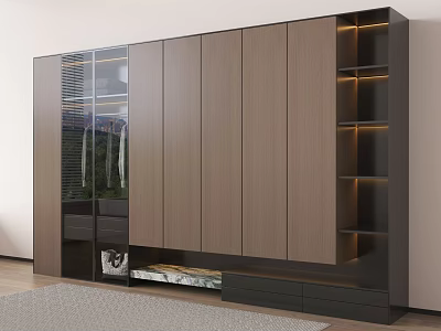 Modern Wardrobe With Wooden Doors Glass Panels Open Shelves And Drawers 3d model