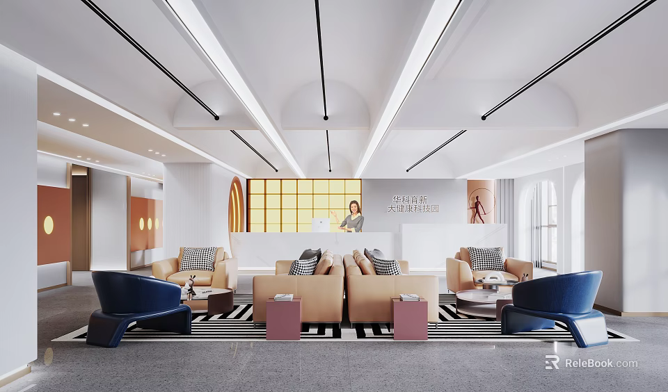 Modern Lounge Area Interior Design Featuring Comfortable Sofas Armchairs Stylish Lighting And Decorative Paintings 3d model