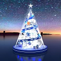 Festive Illuminated Christmas Tree With Starry Sky Background Blue Ribbons Decorative Balls And Reflective Base