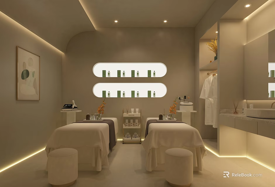 Modern SPA Room With Massage Beds Oval Shelves Skincare Products And White Robes 3d model 