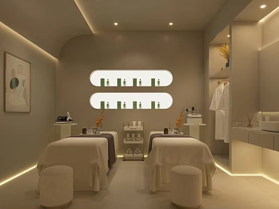 Modern SPA Room With Massage Beds Oval Shelves Skincare Products And White Robes 3d model