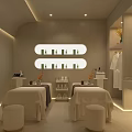 Modern SPA Room With Massage Beds Oval Shelves Skincare Products And White Robes