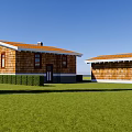 Single Story Wooden House With Orange Roof Stone Chimney Green Lawn And Pine Trees