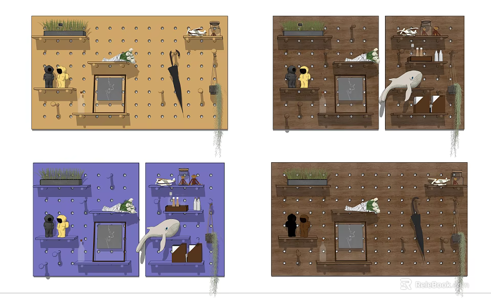 Stylish Wall Decor Designs With Colorful Panels Hooks Shelves And Decorative Items 3d model 