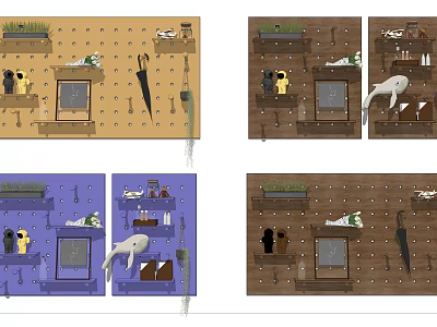 Stylish Wall Decor Designs With Colorful Panels Hooks Shelves And Decorative Items 3d model