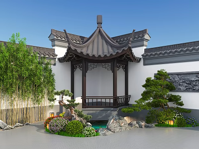 Traditional Chinese Garden With Classic Pavilion Bamboo Rockery And Green Plants 3d model