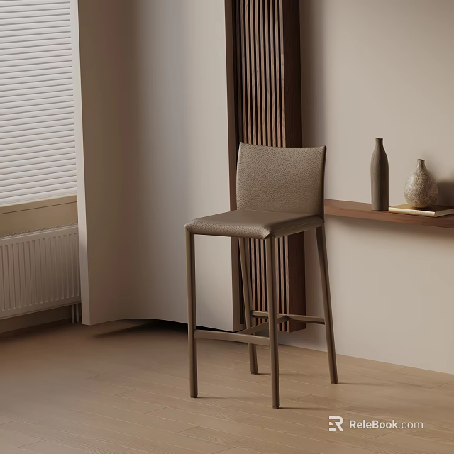 Modern Minimalist Bar Stool With Beige Upholstered Seat And Wooden Wall Panel Decor 3d model 
