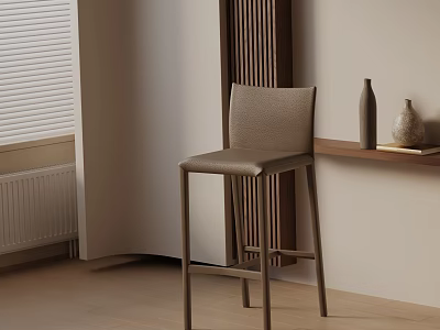 Modern Minimalist Bar Stool With Beige Upholstered Seat And Wooden Wall Panel Decor 3d model