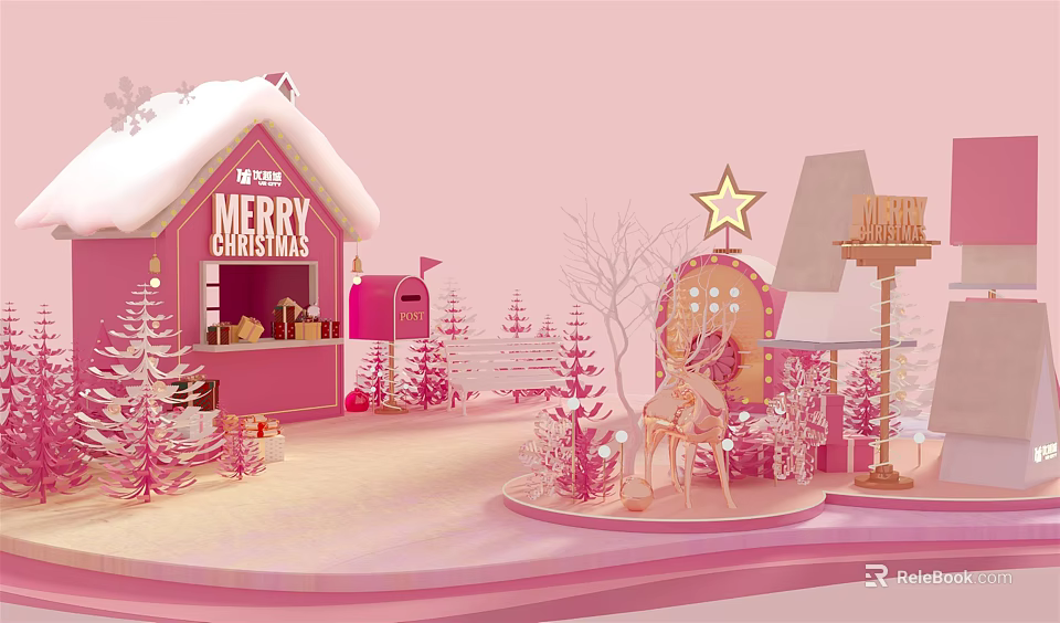 Festive Pink Christmas Cabin with Snowy Roof Reindeer and Star Decorations 3d model 