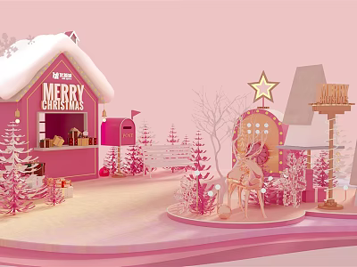 Festive Pink Christmas Cabin with Snowy Roof Reindeer and Star Decorations 3d model
