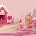 Festive Pink Christmas Cabin with Snowy Roof Reindeer and Star Decorations