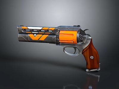 Orange Silver Revolver With Wooden Grip V Shaped Pattern And Metallic Body 3d model