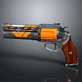 Orange Silver Revolver With Wooden Grip V Shaped Pattern And Metallic Body
